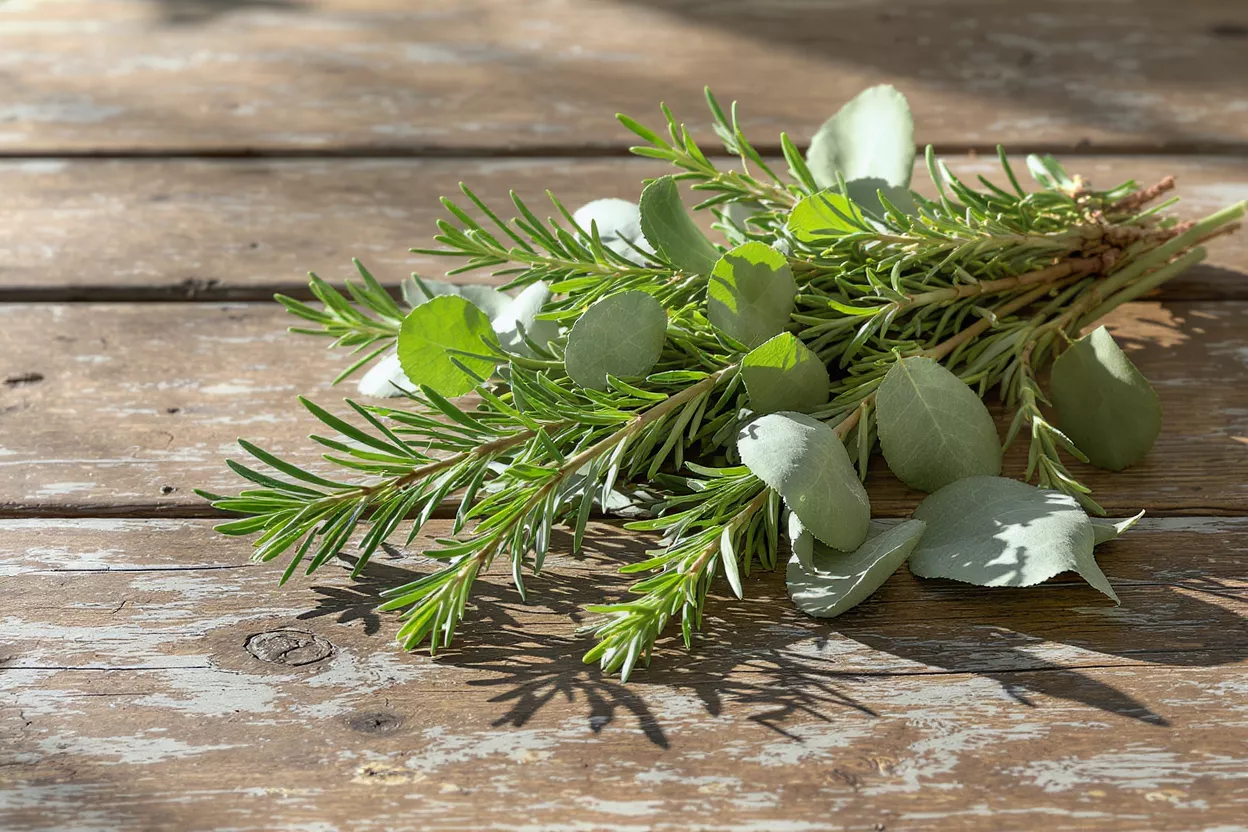 A fresh bundle of rosemary and eucalyptus sprigs on a rustic wooden table.
