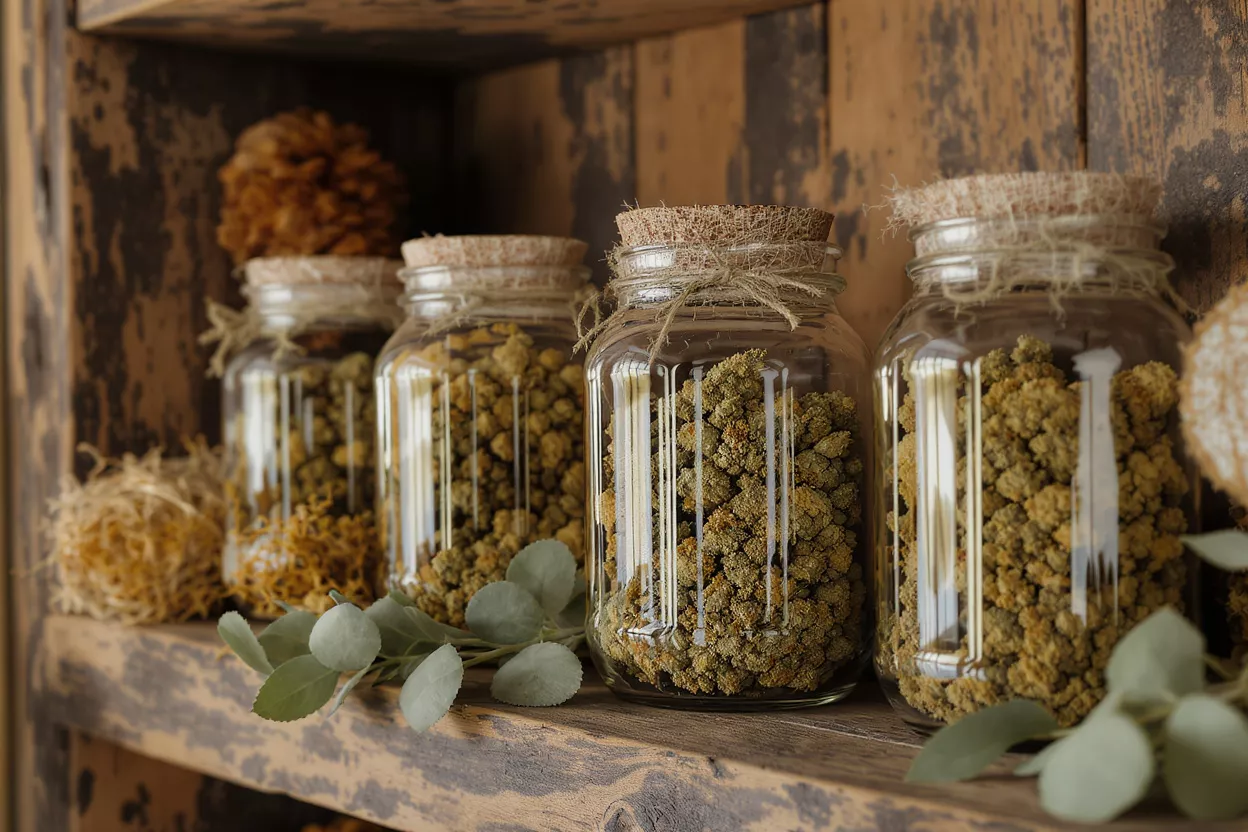Four glass jars filled with dried herbs and spices on a rustic wooden shelf.
