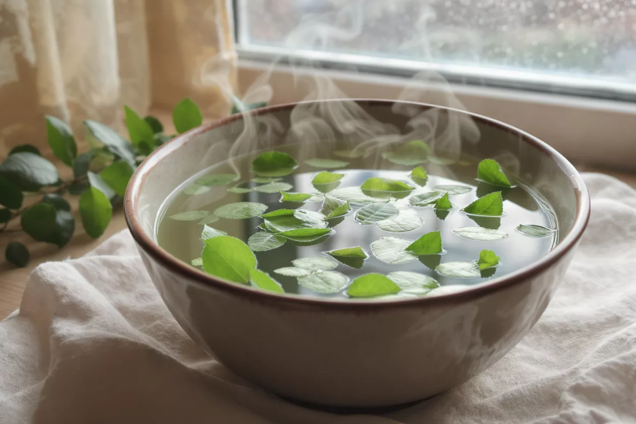 A ceramic bowl filled with steaming water and green leaves, by a window.