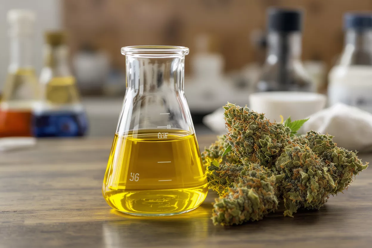 Extraction d'huile de cannabis Huile de cannabis dans un erlenmeyer à côté de bourgeons de cannabis séchés sur une table en bois.