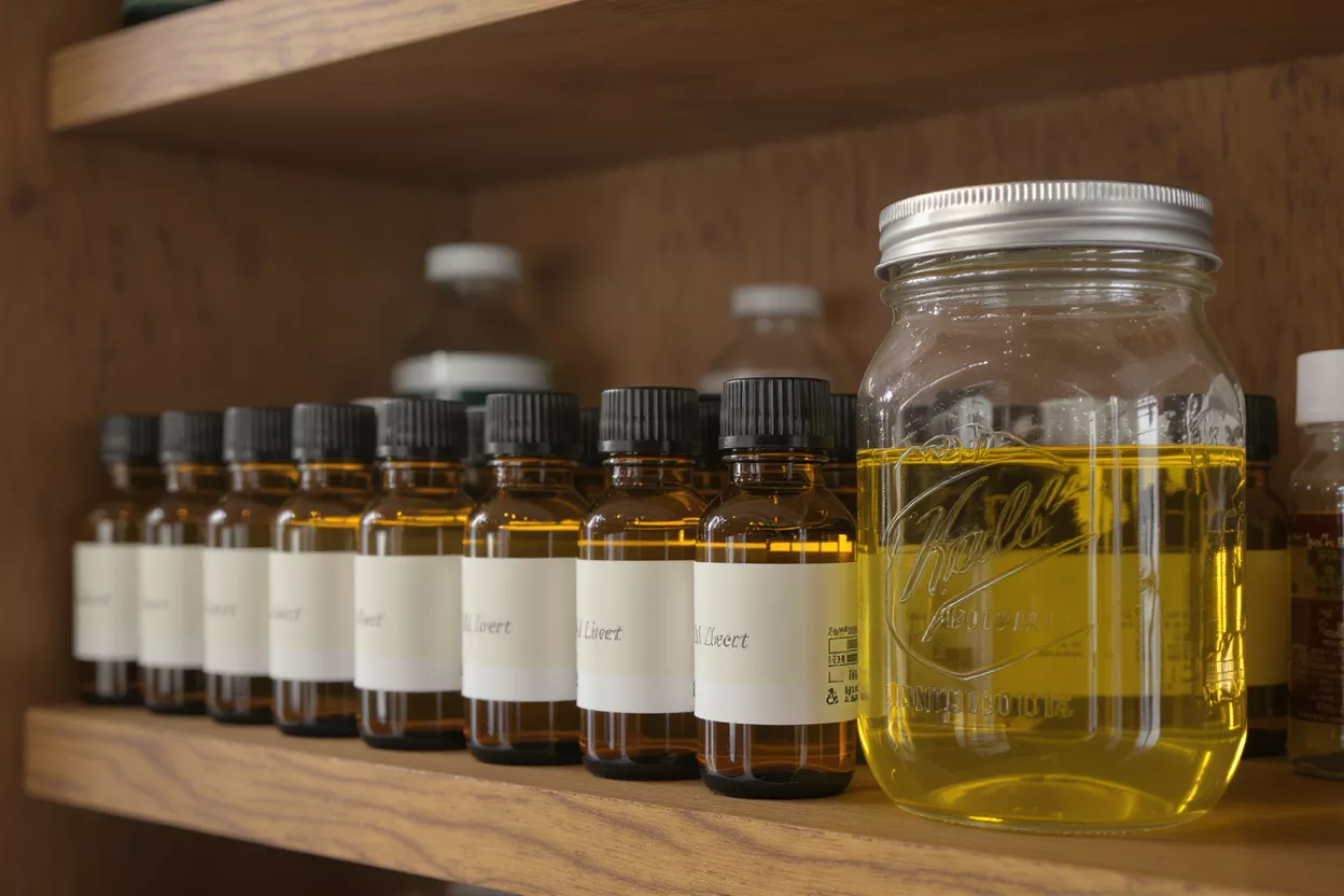 Huiles Essentielles et Bocal Mason Flacons ambrés d'huiles essentielles et un grand bocal Mason avec liquide jaune sur une étagère en bois.