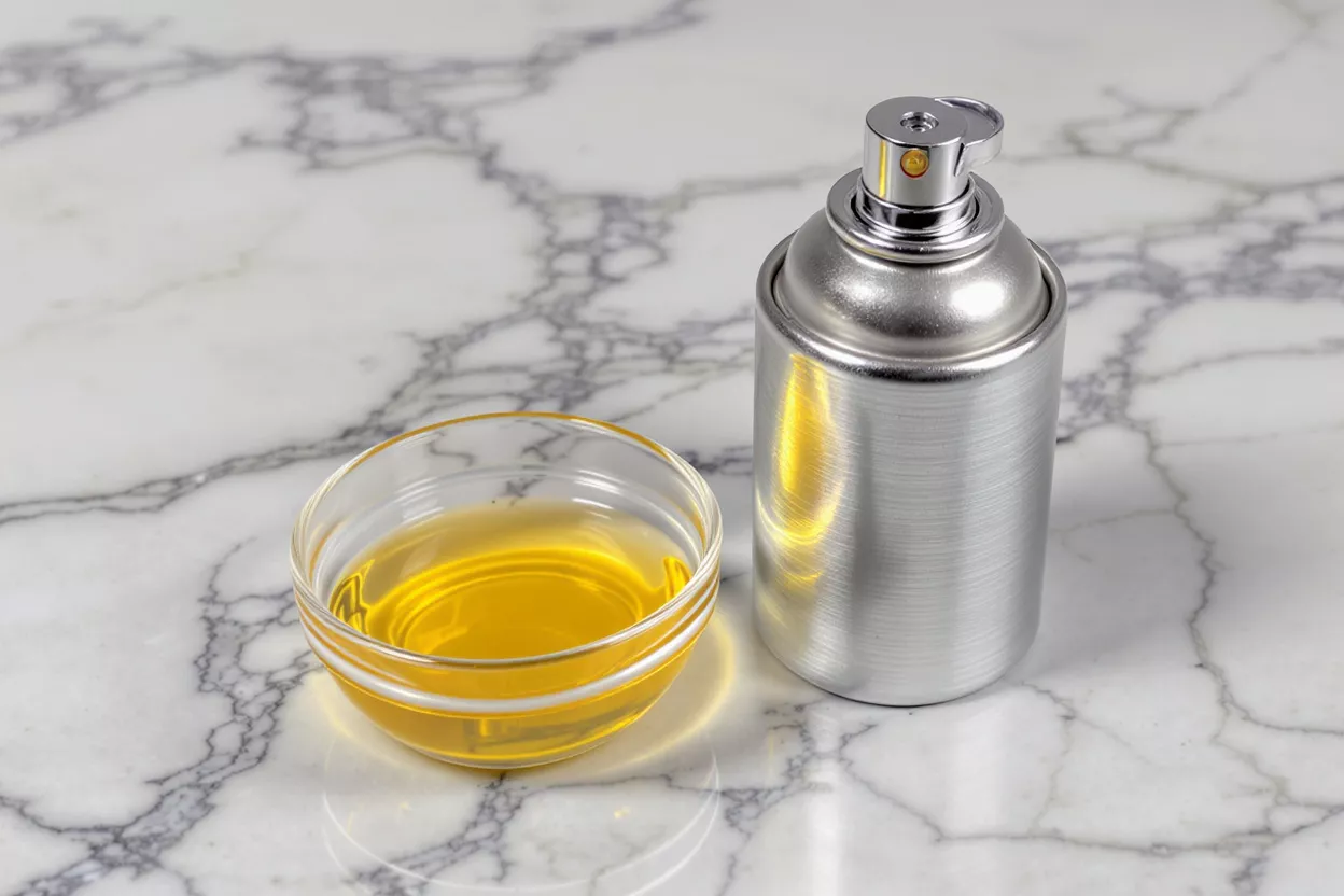 Bouteille vaporisateur d'huile et bol d'huile Une bouteille vaporisatrice argentée à côté d'un bol en verre rempli d'huile de cuisson dorée.