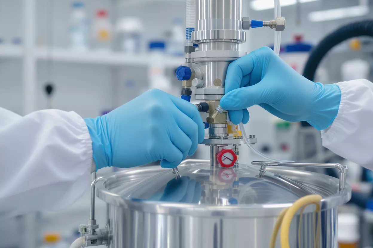 Hands in blue gloves connecting tubes to stainless steel laboratory equipment.