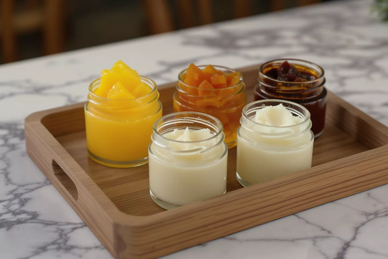 Five small jars of fruit purees and creams on a wooden tray.