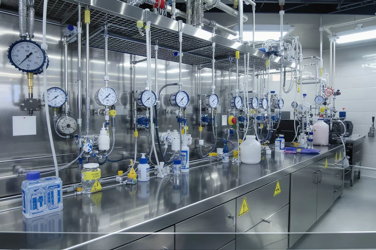 Stainless steel laboratory with numerous pressure gauges, tubing, and containers.