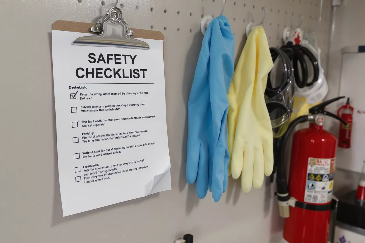 A safety checklist on a clipboard next to PPE and a fire extinguisher.
