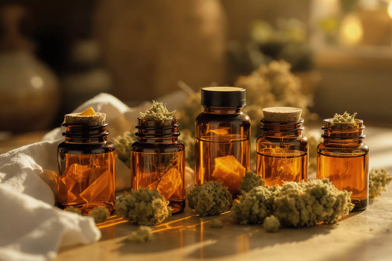 Aceites de hierbas y botánicos secos Frascos ámbar con aceites y hierbas secas, rodeados de elementos botánicos.