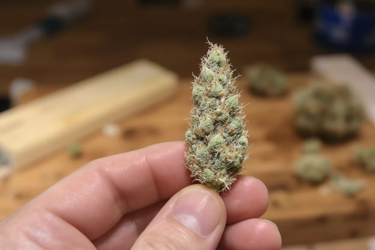 A person holding a close-up cannabis bud