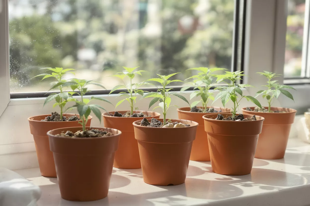 Small green plants in orange pots on a windowsill
