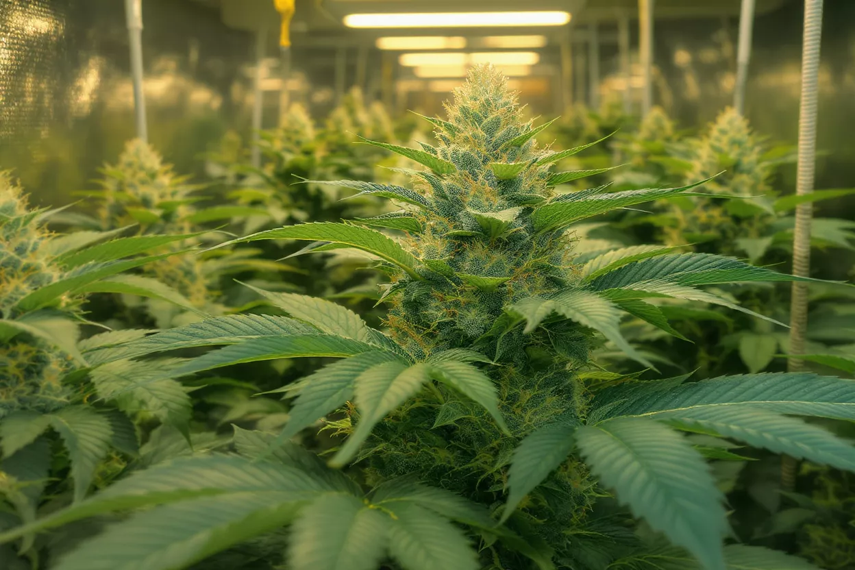 Close-up of a cannabis plant in an indoor setting