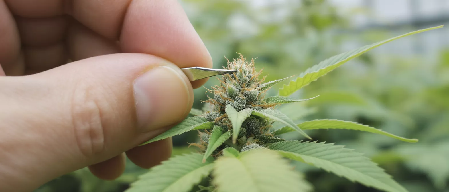 Close-up of hand using tweezers to carefully trim a cannabis bud.