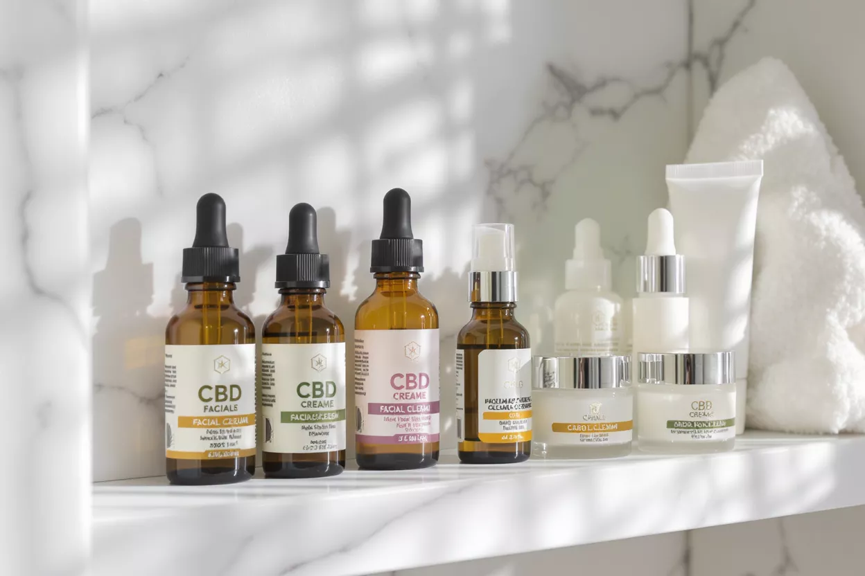 Una variedad de sérums faciales, cremas y limpiadores de CBD en un estante blanco.