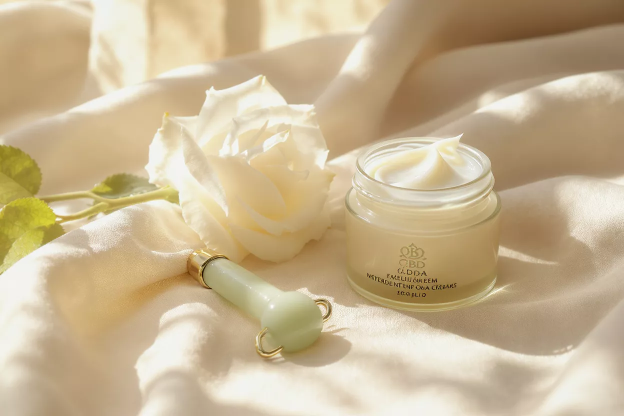Crema facial CBD, rosa blanca y rodillo de jade sobre elegante tela de seda.
