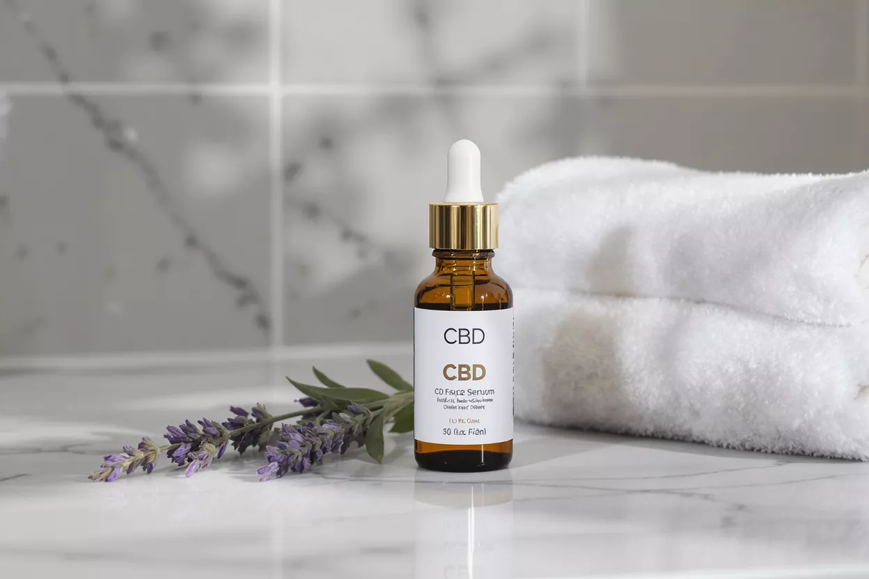 Botella de sérum facial CBD, ramita de lavanda y toallas blancas sobre una superficie de mármol.