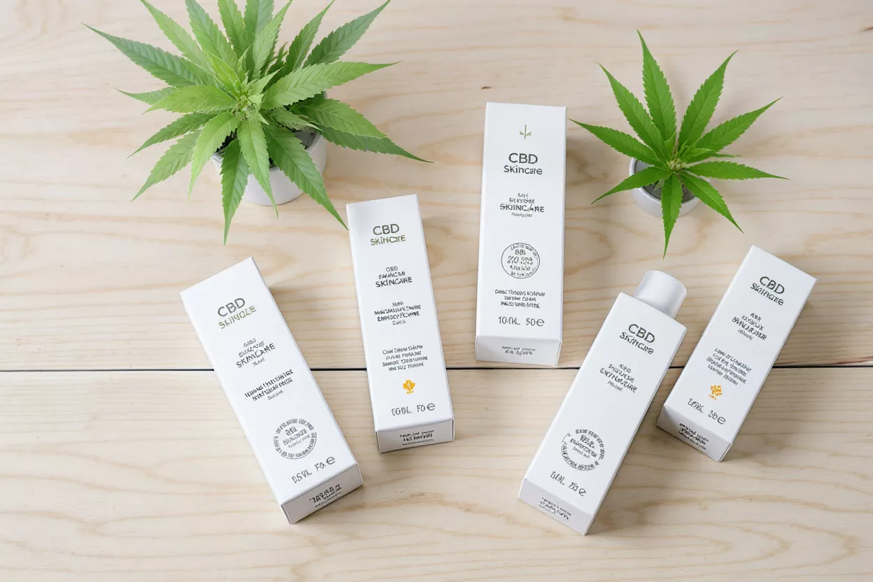 Cajas y botella de productos de cuidado de la piel con CBD sobre madera con dos pequeñas plantas de cáñamo.