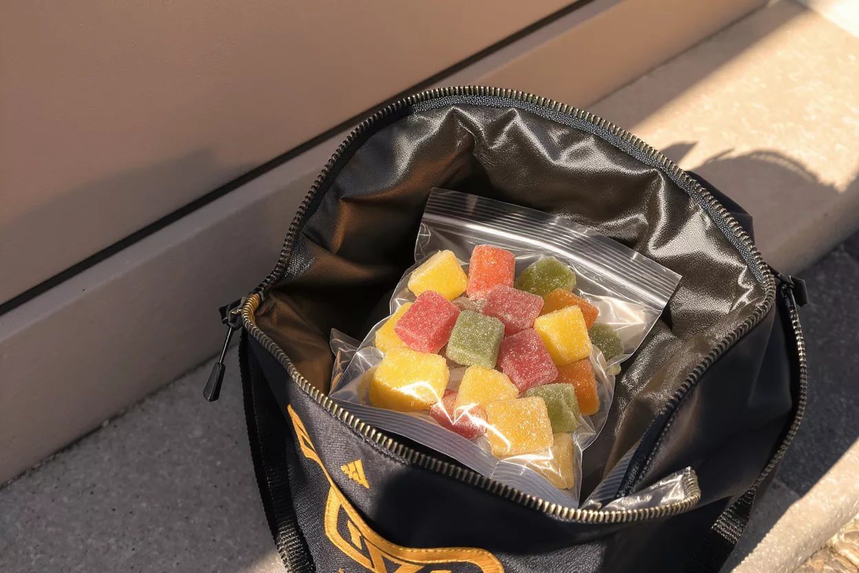 Colorful sugar-coated gummy candies in a clear bag inside an open Adidas pouch.