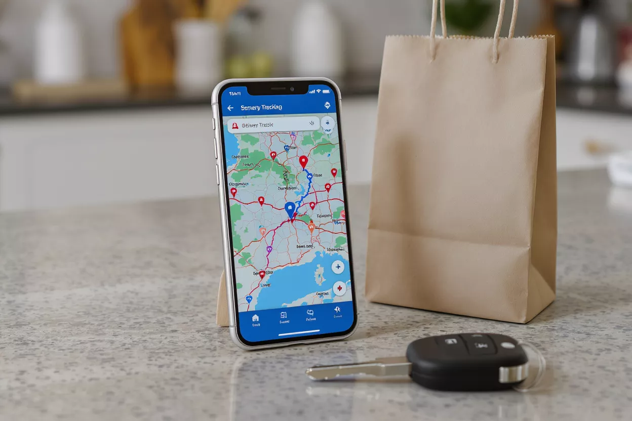 Smartphone displaying a delivery tracking map, next to a brown paper bag and car keys.