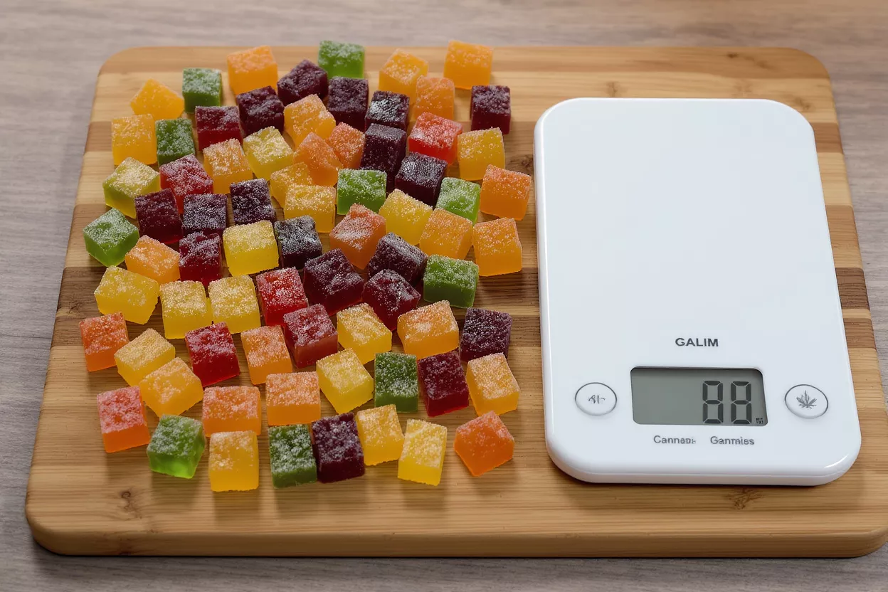 Colorful square gummies next to a white digital scale on a wooden board.