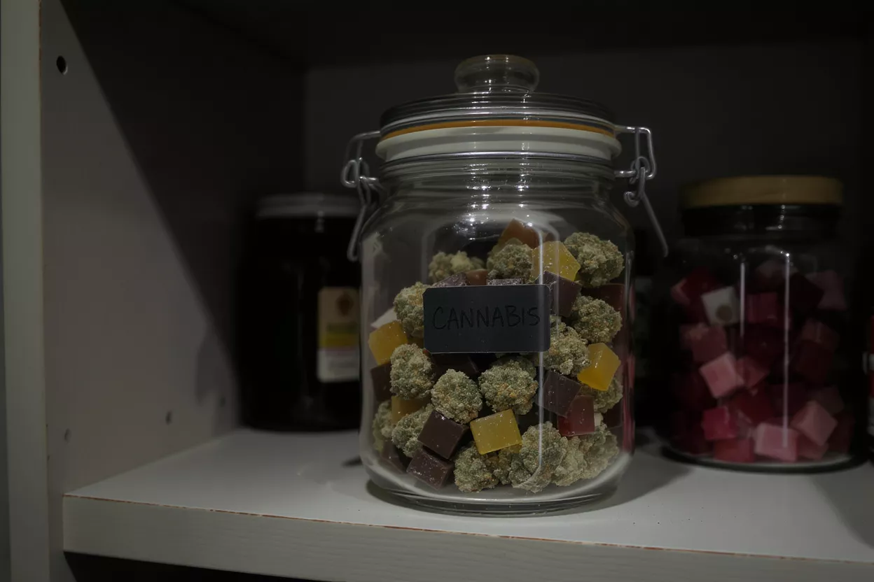 Glass jar filled with cannabis flower and colorful edibles on a shelf.