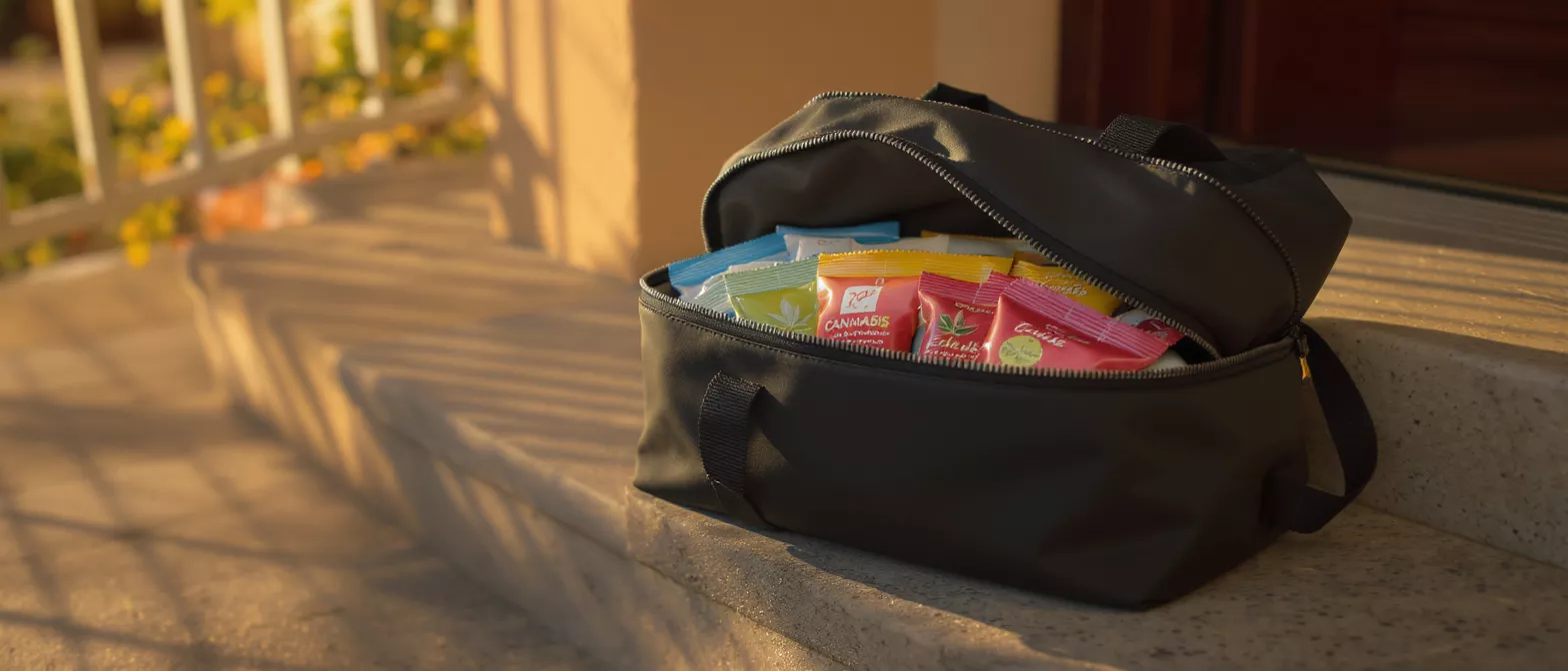 Black delivery bag filled with colorful cannabis edible packages on a porch step.