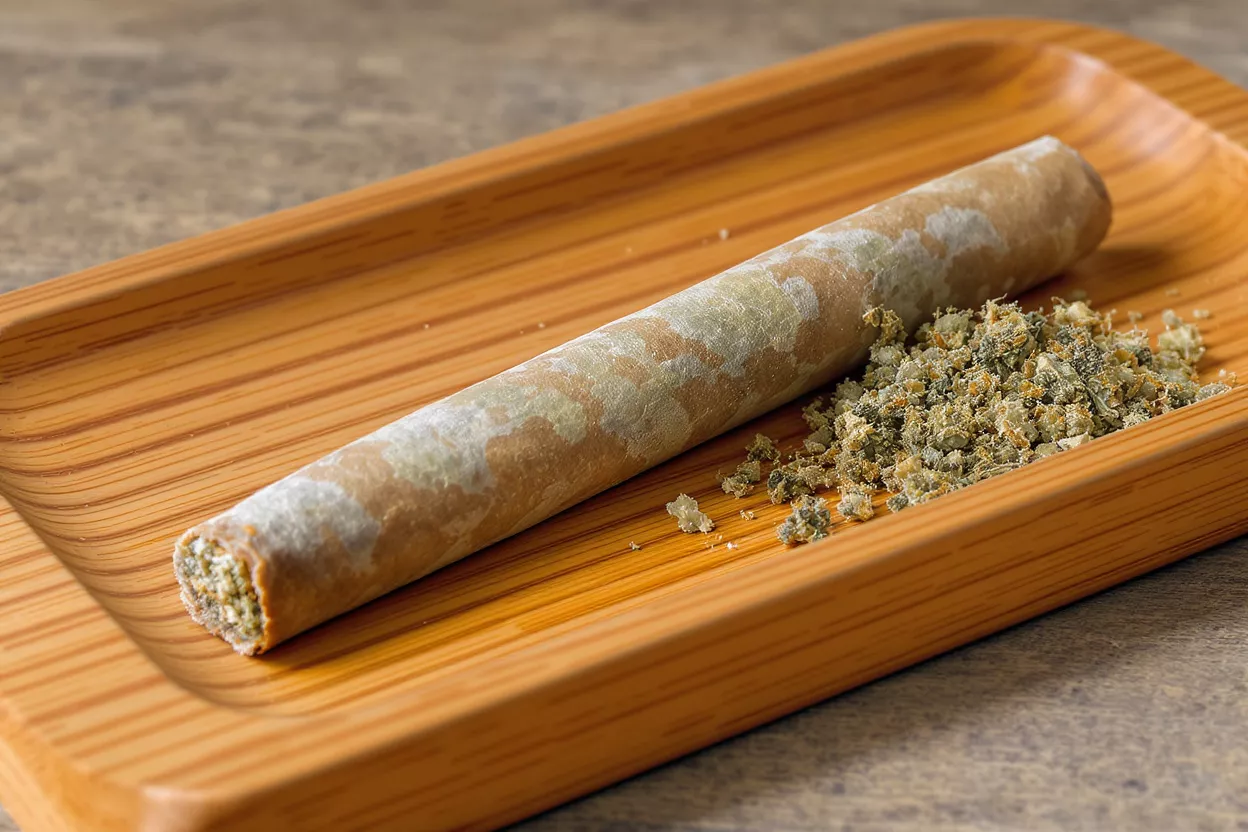 Cannabis Pre-Roll with Kief A cannabis pre-roll and ground kief on a wooden rolling tray.