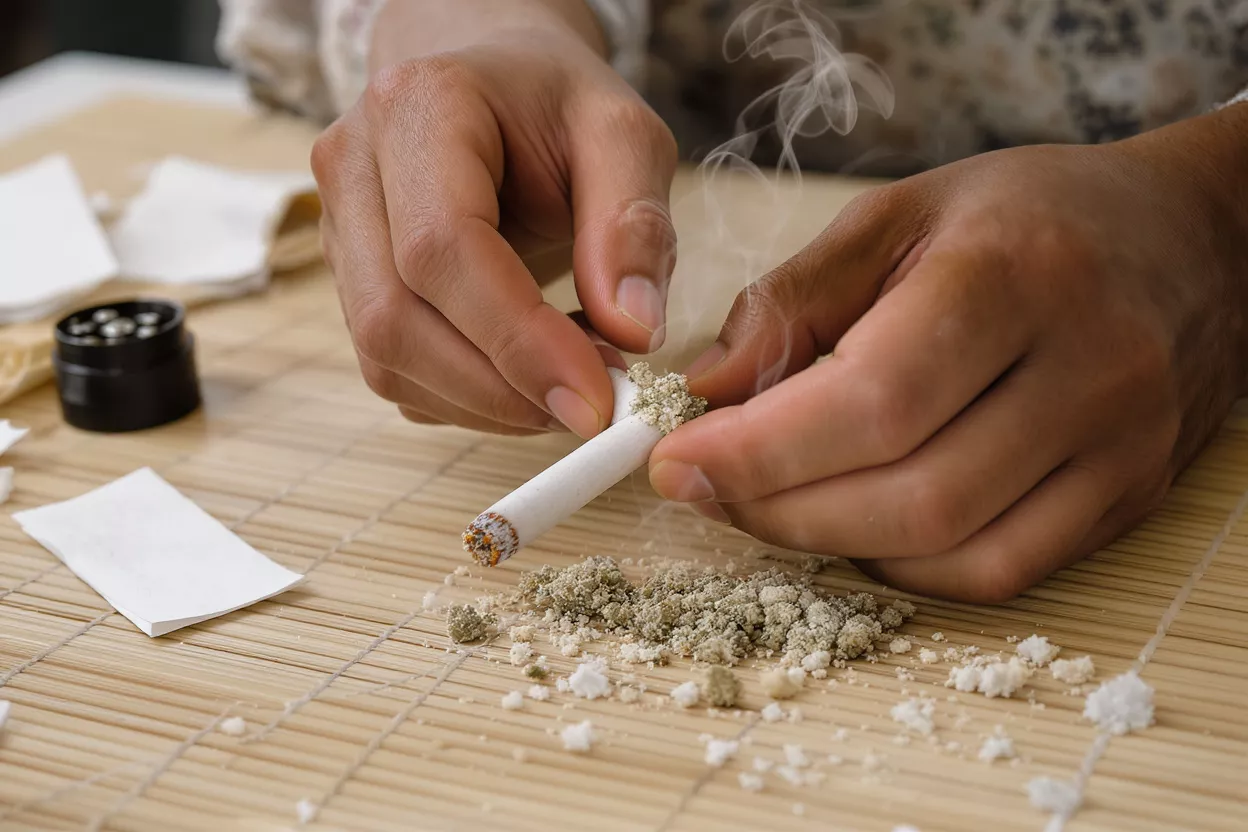 Filling Cigarette with Kief Close-up of hands filling a cigarette with kief on a bamboo mat.