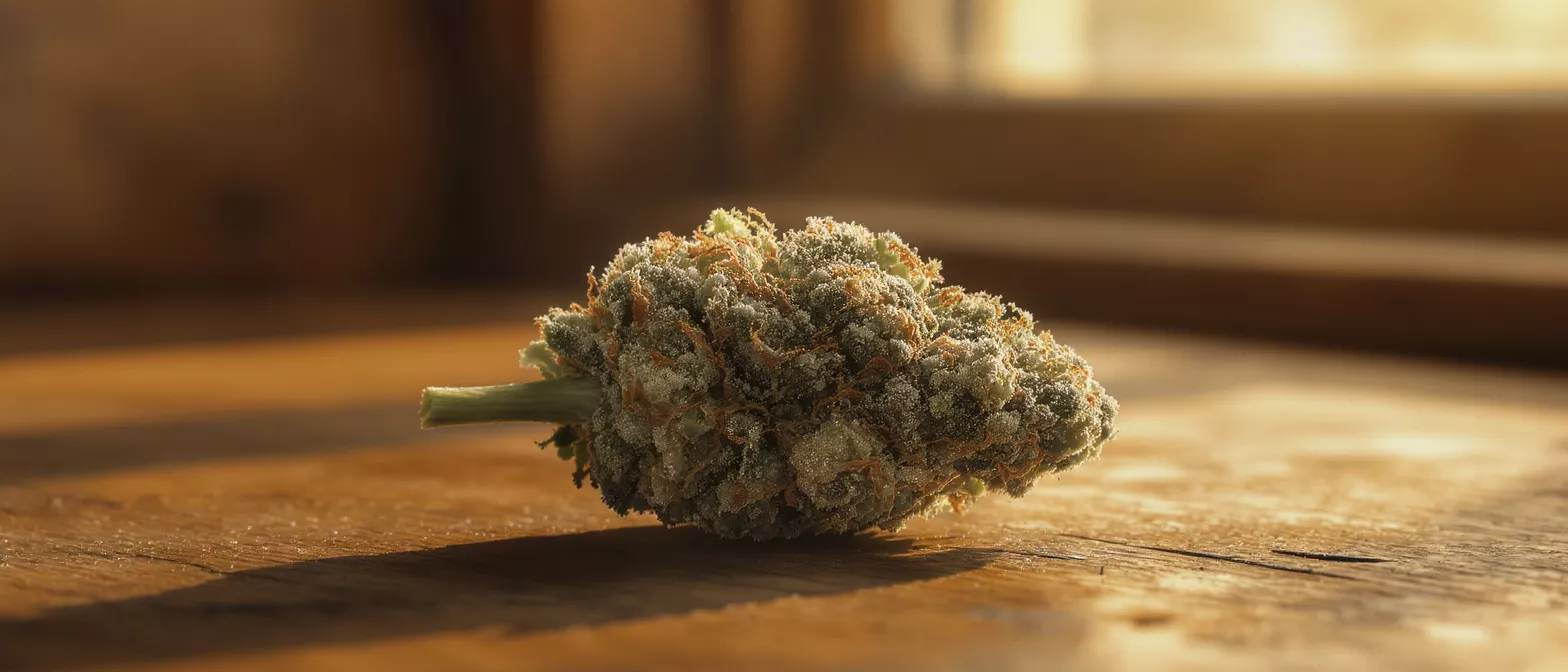 Close-up of a cannabis bud on a wooden surface with natural light.