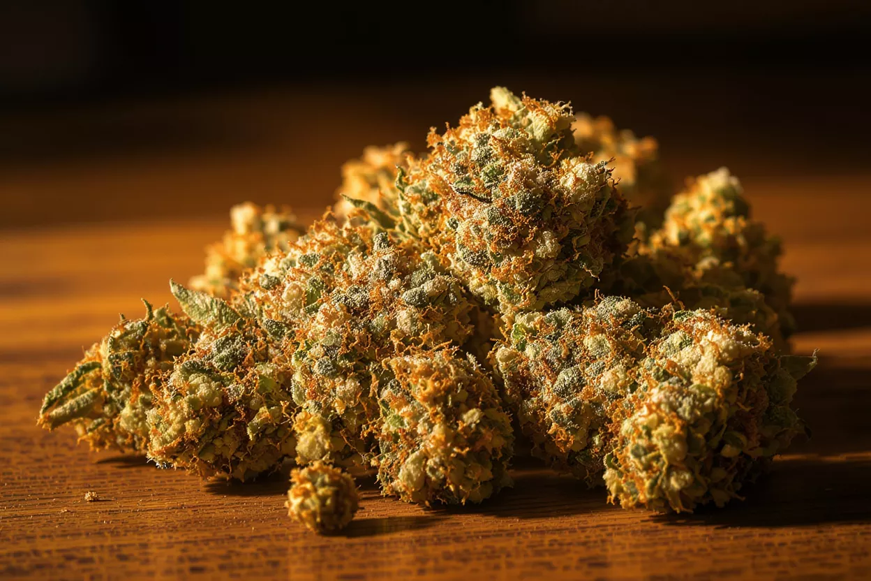 Primer plano de cogollos de cannabis con pelos naranjas y tricomas sobre una superficie de madera.