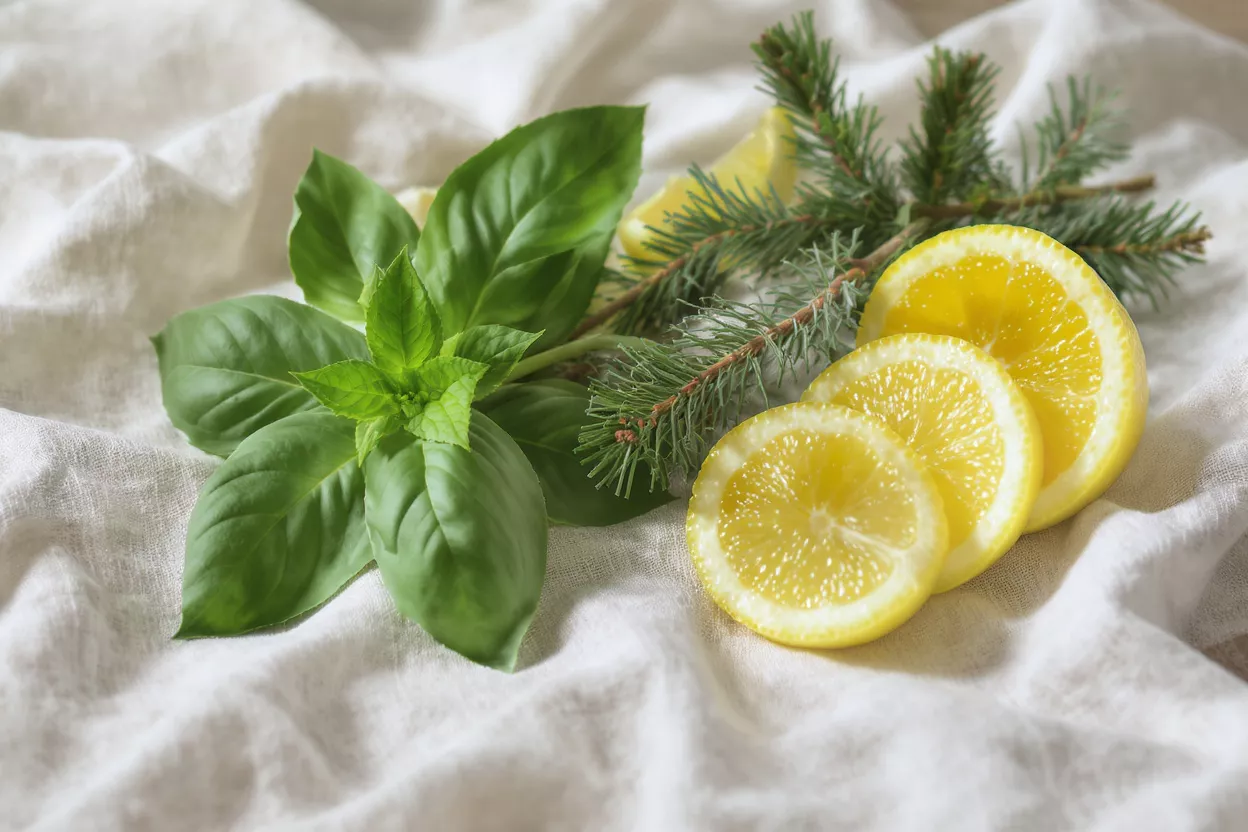 Primer plan de albahaca fresca, rodajas de limón y ramitas de pino sobre un paño blanco.