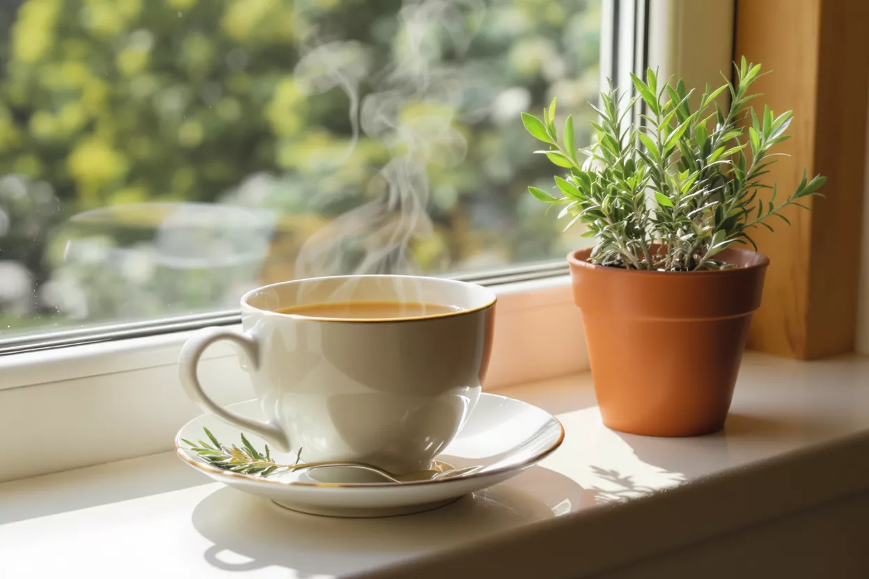 Taza humeante de té con romero en el platillo junto a planta en maceta en el alféizar soleado.