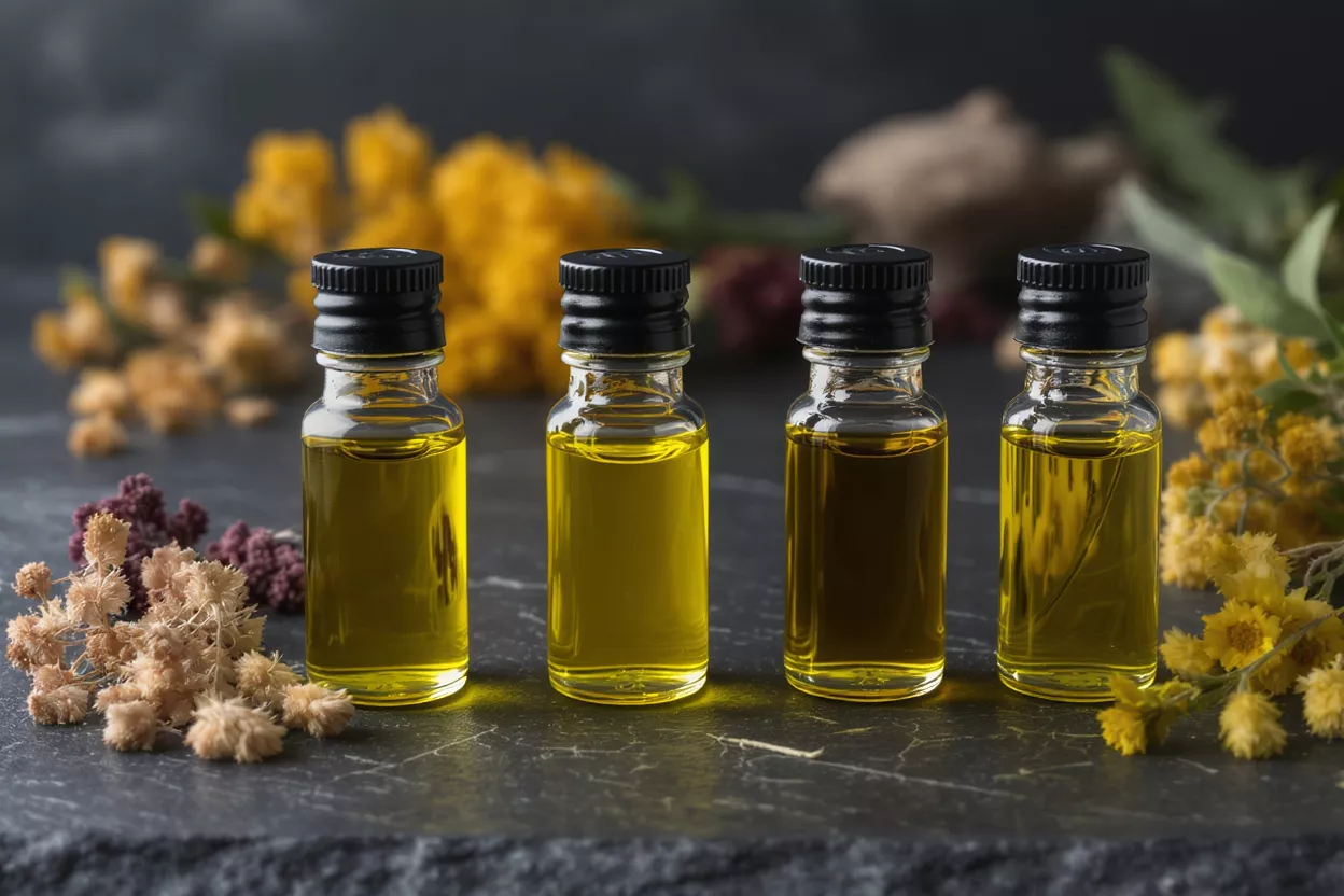 Cuatro pequeñas botellas de aceite esencial con hierbas y flores secas.