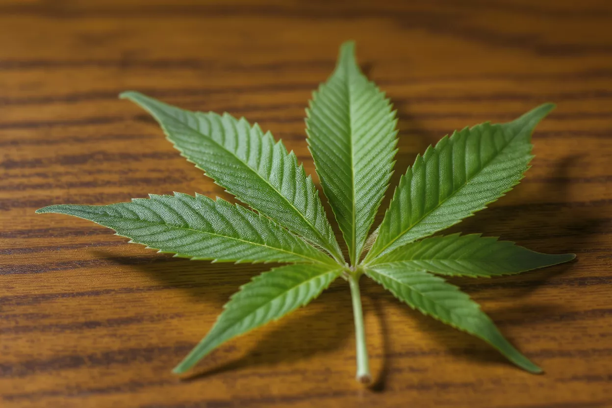 A vibrant green cannabis leaf rests on a textured wooden table.