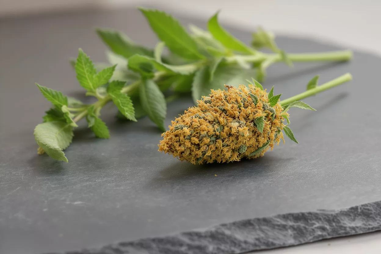 A golden-yellow cannabis bud with mint leaves on a dark slate surface.