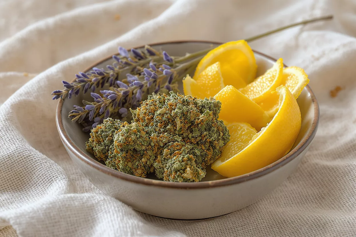 A bowl containing cannabis buds, lavender sprigs, and lemon slices on a light cloth.