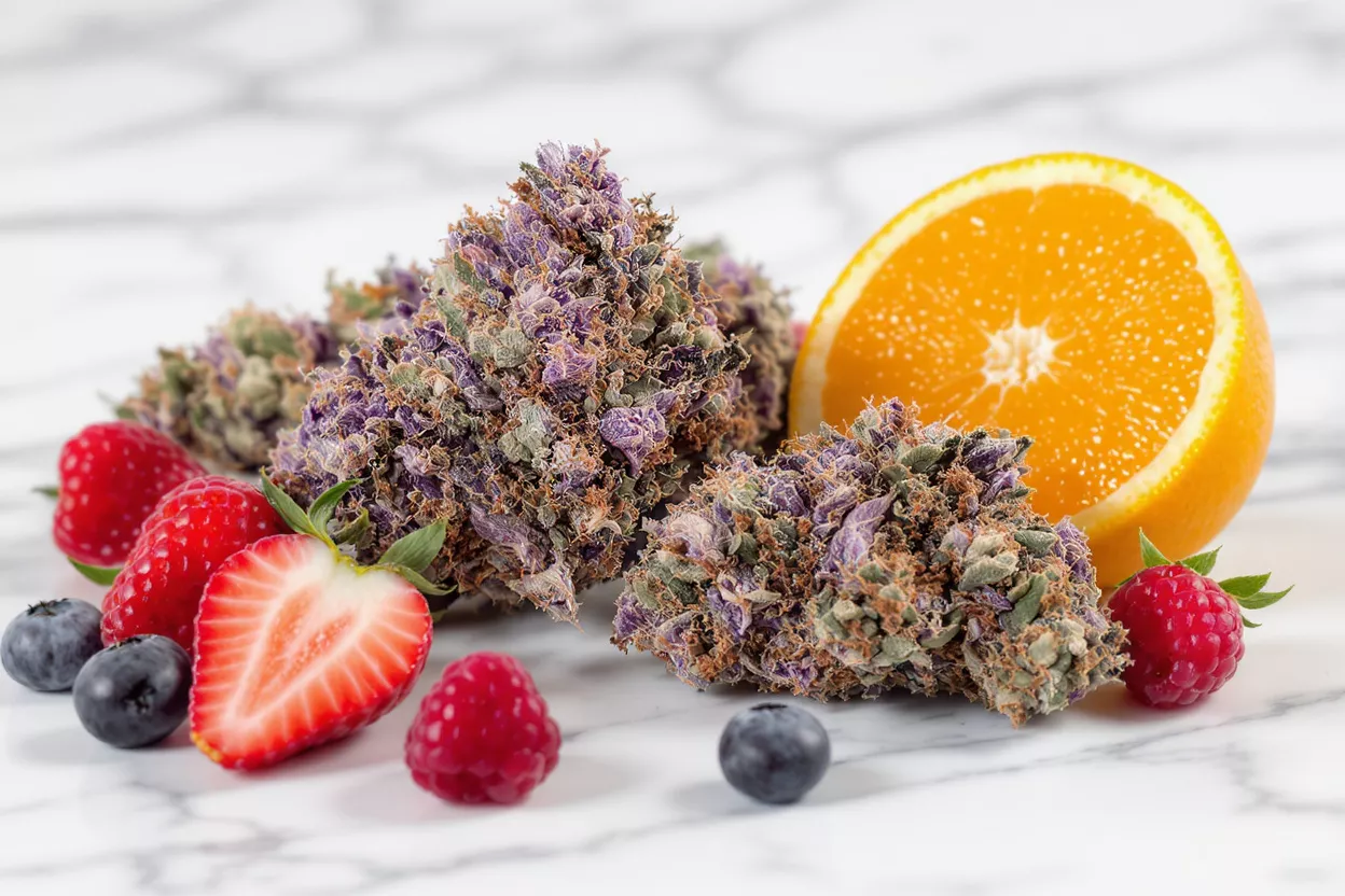 Purple cannabis buds surrounded by fresh strawberries, raspberries, blueberries, and an orange slice.