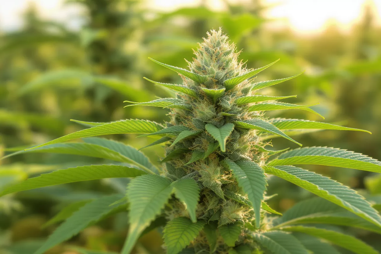 Primer plan vibrante de cogollo de cannabis Primer plan de un cogollo sano de planta de cannabis con hojas verdes y tricomas.
