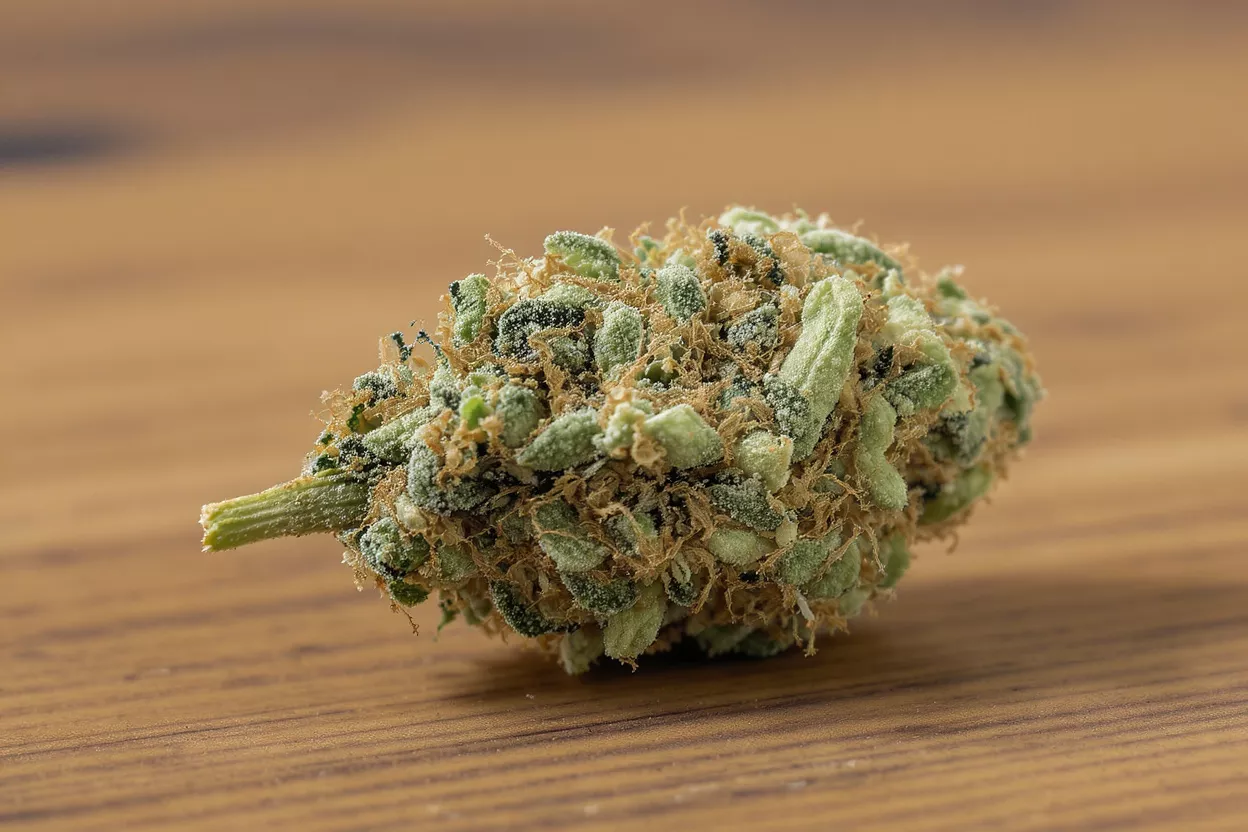Primer plano de cogollo de cannabis Un único cogollo de cannabis, rico en tricomas, descansa sobre una superficie de madera de color marrón claro.