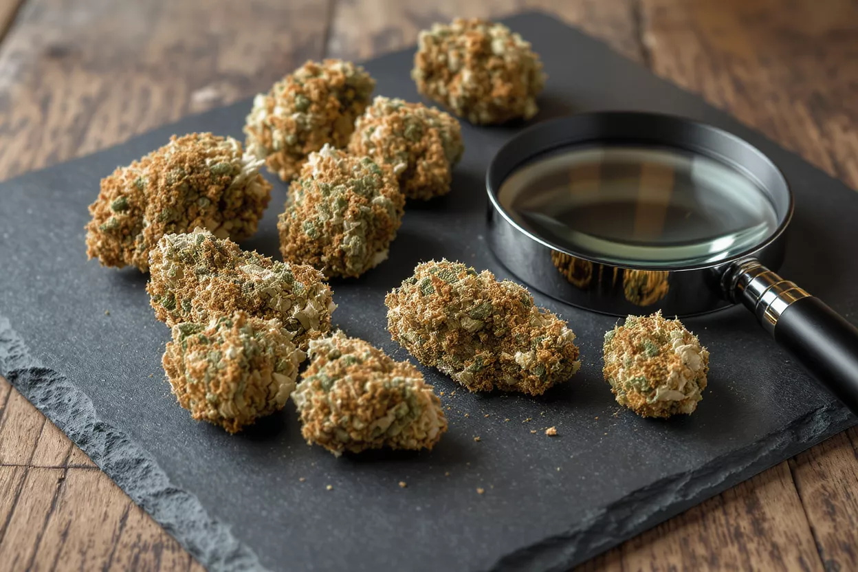 Yemas de cannabis con lupa Primer plano de yemas de cannabis y una lupa sobre una superficie de pizarra oscura.