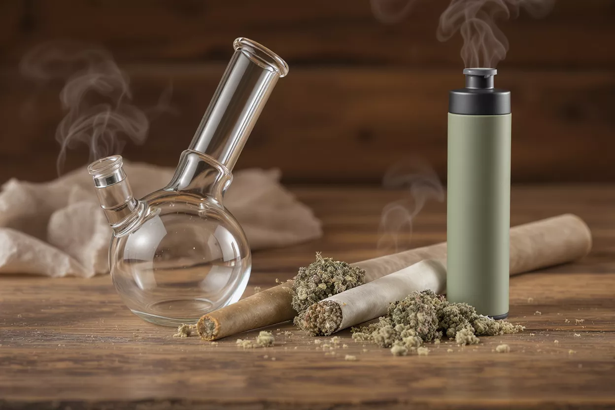 Colección de Accesorios para Cannabis Bong de vidrio, porros pre-enrollados, cannabis suelto y un vaporizador sobre una mesa de madera.