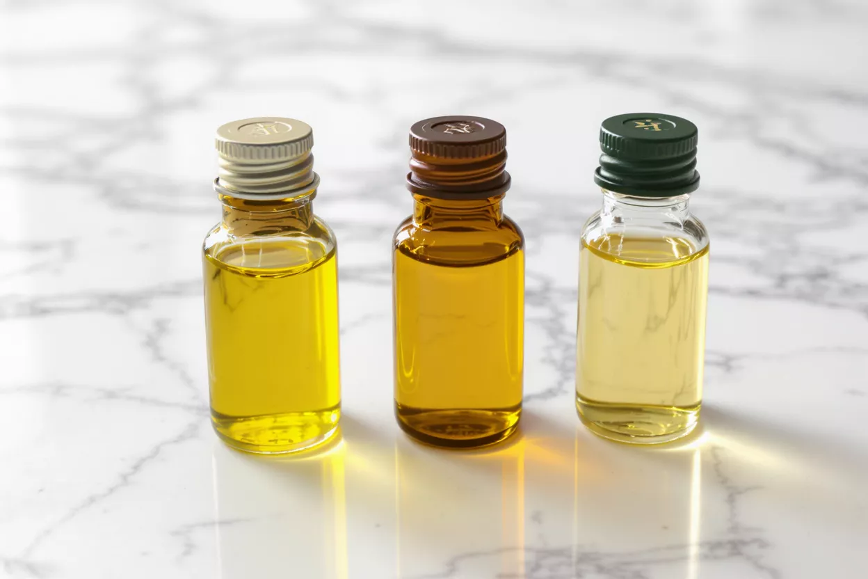 Three small glass bottles containing different shades of oil on a marble surface.