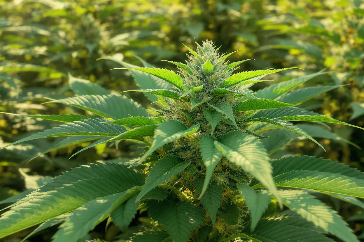 Close-up of a vibrant green cannabis plant bud with surrounding leaves in sunlight.