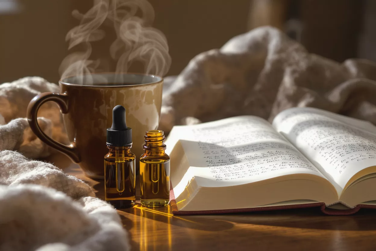 Steaming coffee, essential oil bottles, and an open book on a cozy blanket.