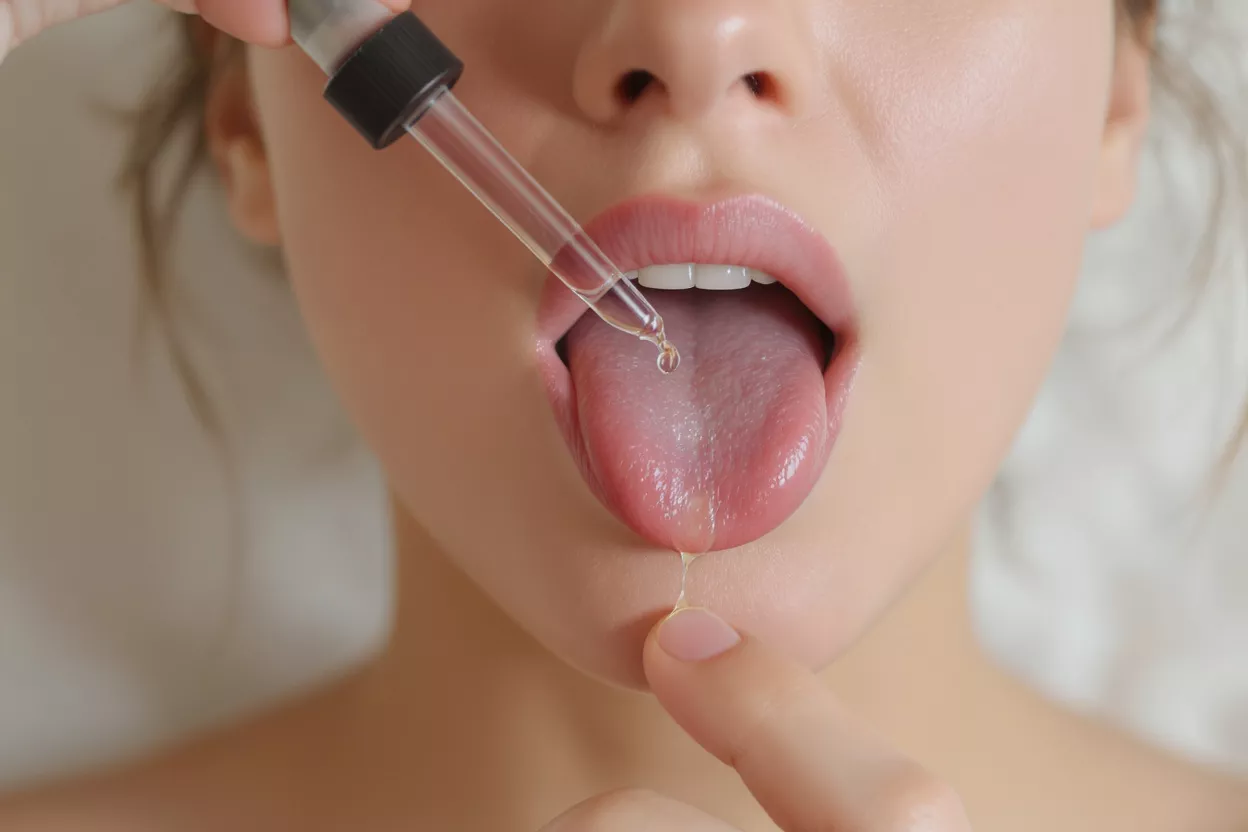 Close-up of a woman's mouth receiving drops of liquid from a dropper onto her tongue.