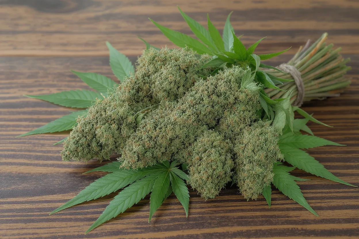 Primer plan de varias yemas y hojas de cannabis sobre un fondo de madera oscura.
