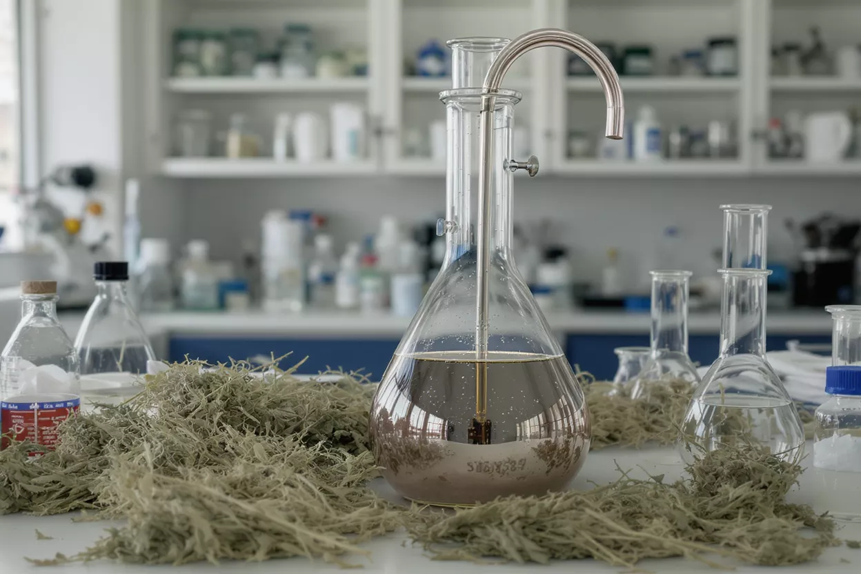 Un matraz de laboratorio con líquido y hierbas secas sobre una mesa de laboratorio blanca.