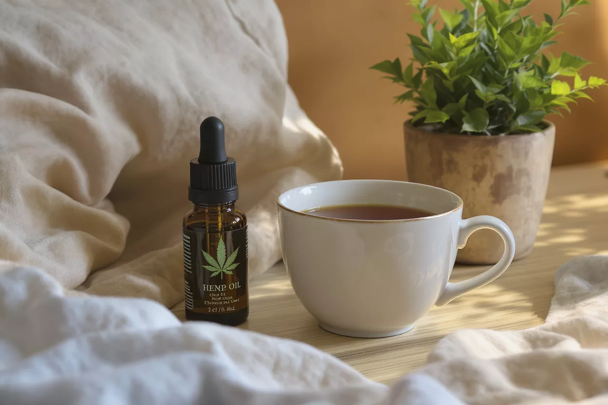Botella de aceite de cáñamo y una taza de té sobre una superficie de madera con una planta.