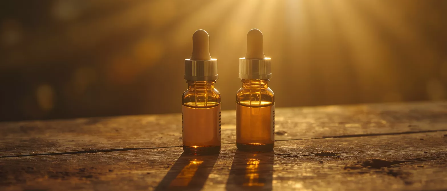 Two amber dropper bottles filled with liquid on a wooden surface in warm sunlight.