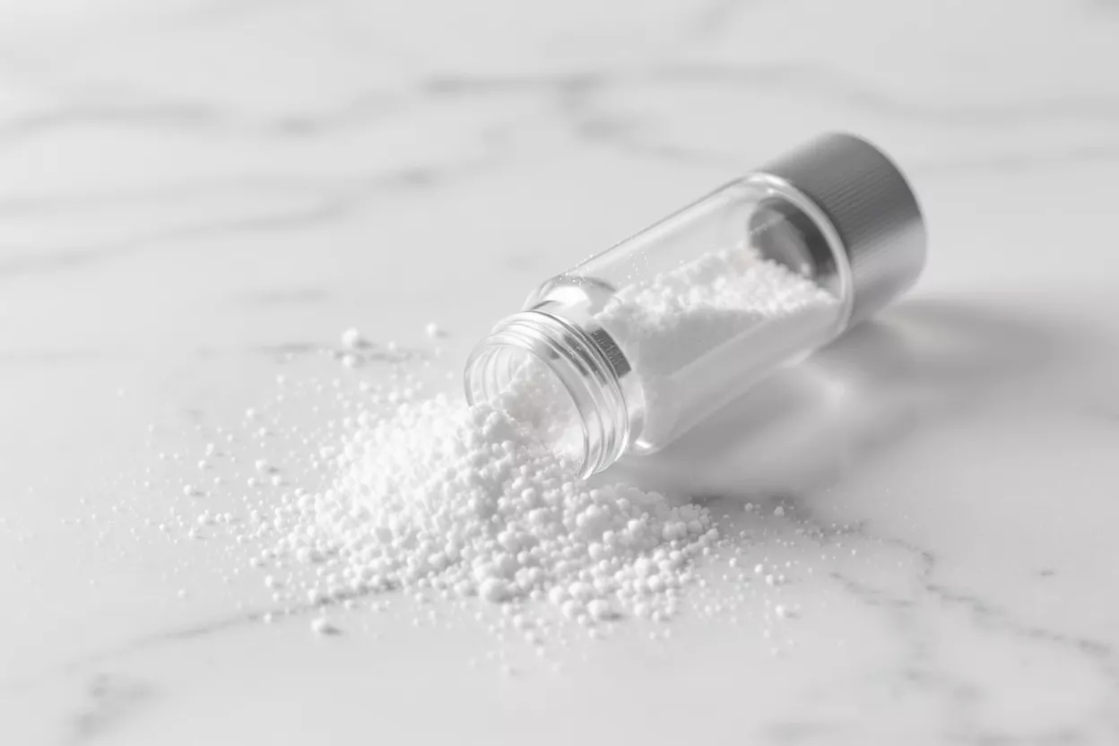 Poudre blanche granulaire renversée d'une bouteille en verre clair sur une surface en marbre blanc.
