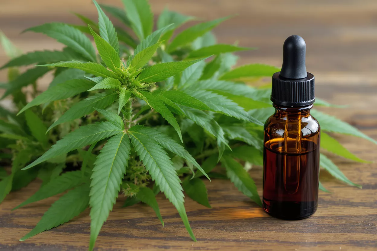 Flacon compte-gouttes ambré d'huile de cannabis à côté d'une plante de cannabis verte.