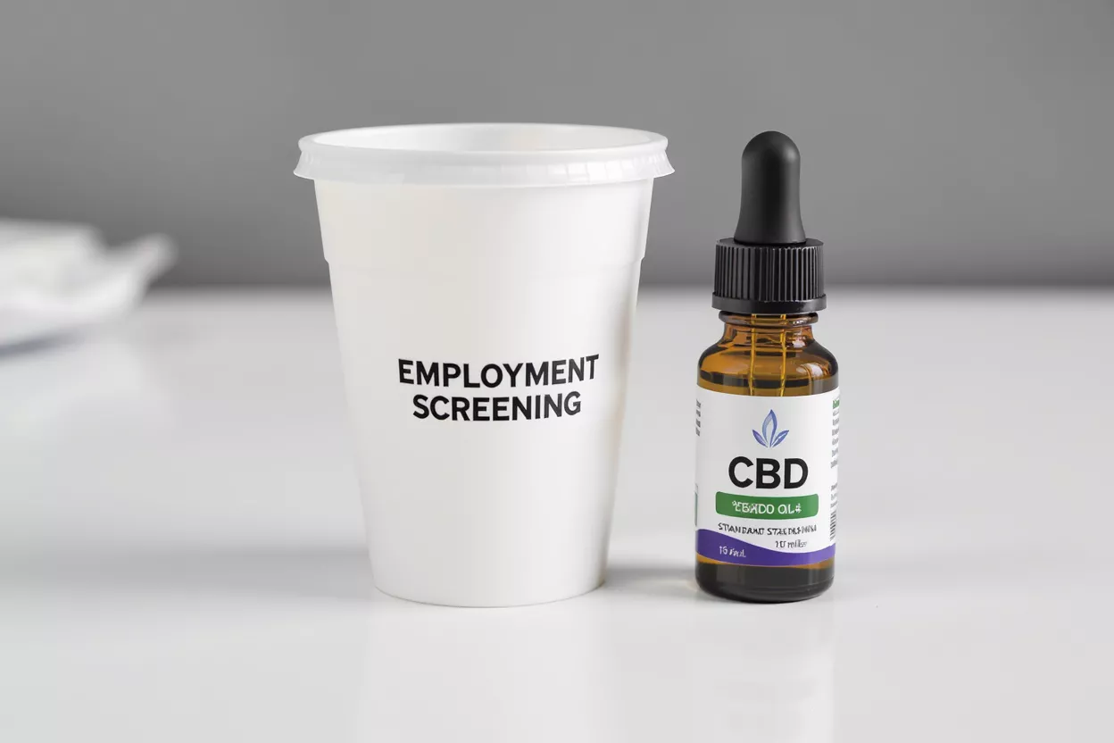 Un gobelet blanc portant l'inscription « EMPLOYMENT SCREENING » à côté d'un flacon d'huile de CBD.